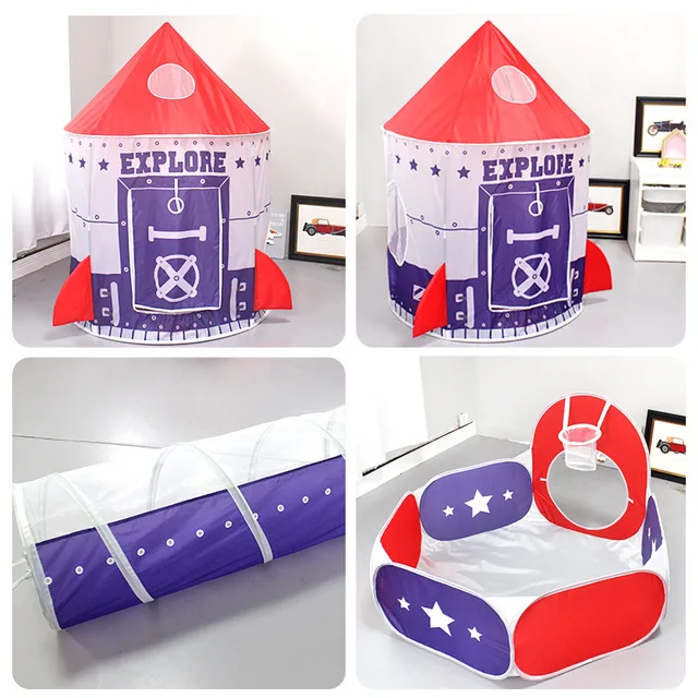 Children's Tent Toy Indoor Play House Folding Tent Spaceship Tunnel Three-piece Set Yurt Castle Toy Gift for Boys and Girls Baby 4