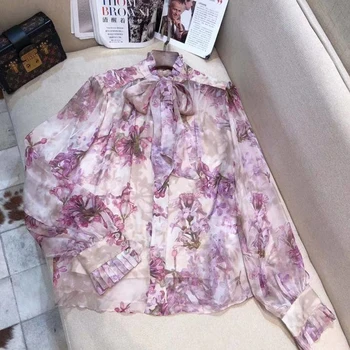 

Pure Slik Shirt Crepe Casual Blouse Women Stand Collar Vintage Design Wine Elegant Floral Print Shirt