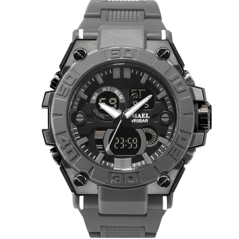 gray SMAEL 8003 модные мужские часы с двойным временем аналоговые цифровые кварцевые часы водонепроницаемые многофункциональные мужские электронные часы - Цвет: gray