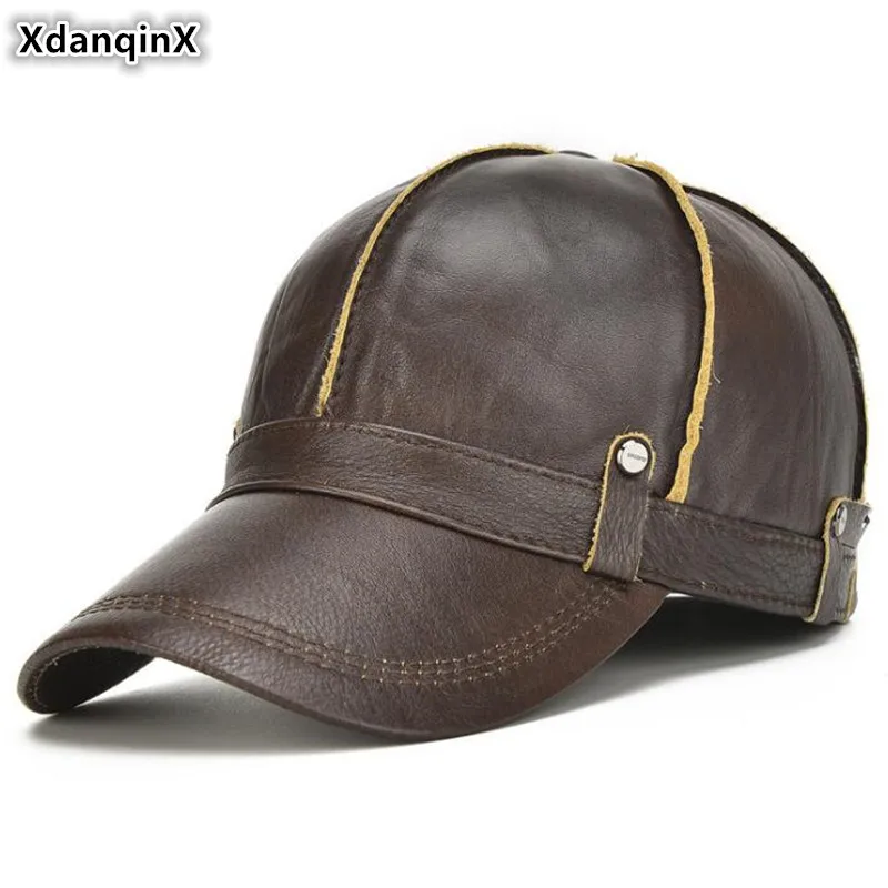 

XdanqinX Men's Genuine Leather Hat Cowhide Baseball Cap Adjustable Size Novel Brands Caps Men Warm Leather Cap Snapback Hats