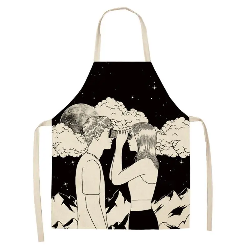 Black White Aprons Women Men Flower Cotton Linen Aprons for Kitchen Home Cooking Baking Cleaning Accessories WQ115