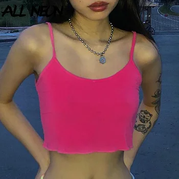 

ALLNeon E-girl Style Hot Pink Ruffles Hem Spaghetti Strap Crop Tops Y2K Solid Backless Summer Camis Tops Streetwear Party Top