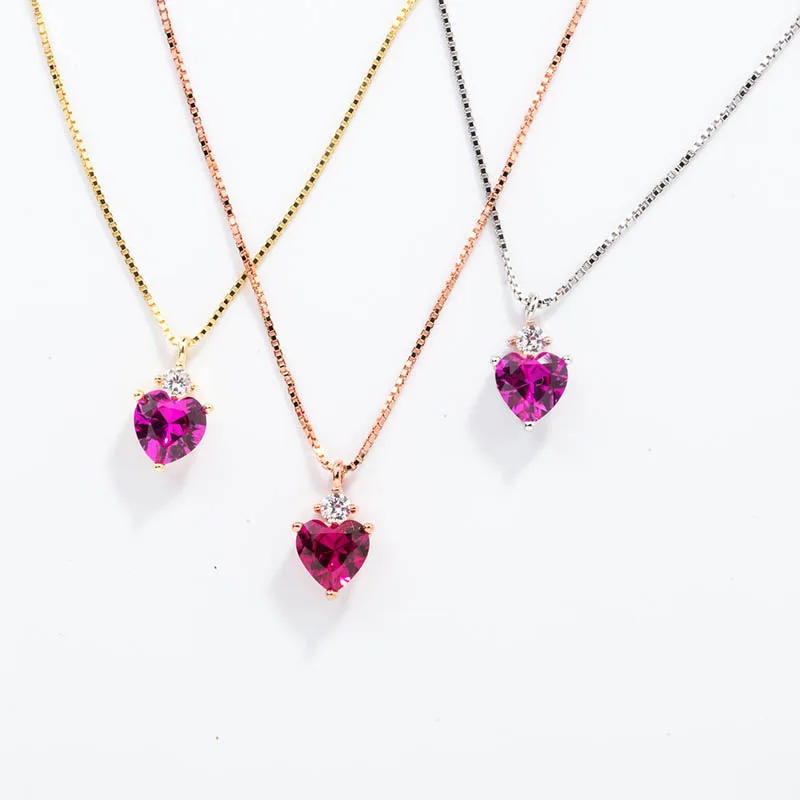 

S925 Fine Silver Short Necklace Choker Women's Rose Gold Platinum Gold Ruby Clavicle Heart Fresh Peach Heart