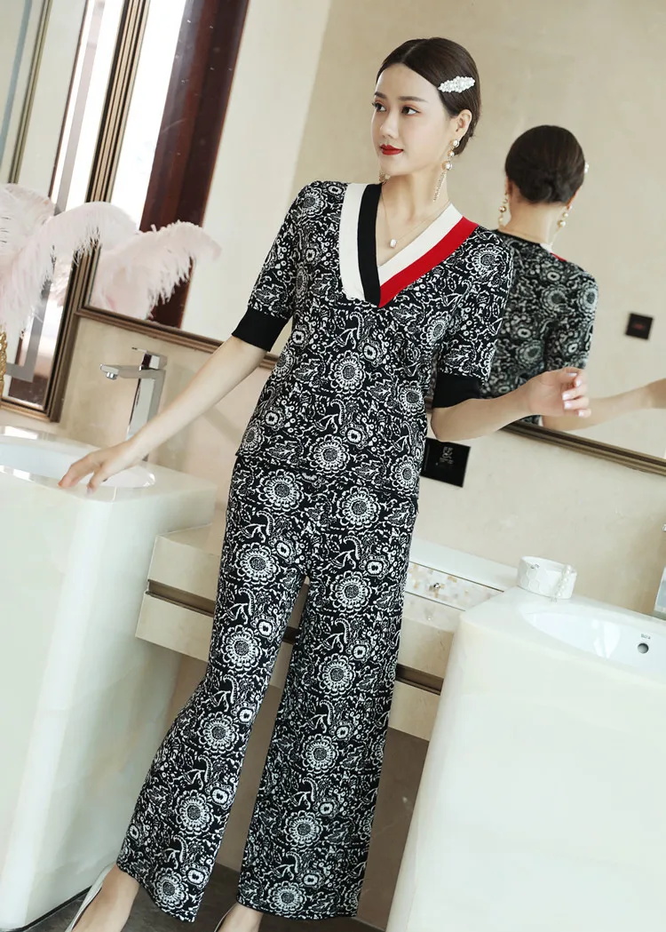 Pant Suits Women V-neck Half Sleeves Retro Chinese Style Women's Autumn And Winter Printed Patchwork Top+ Pants 2 PCS Sets