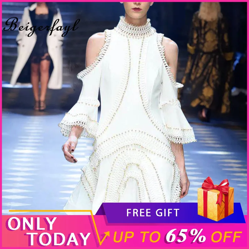 

Beigerfayl 2019 Summer New Vintage Flare Sleeve A-line Dress 3/4 Sleeve High Waist White Black Hollow Out Party Dress TDR18210