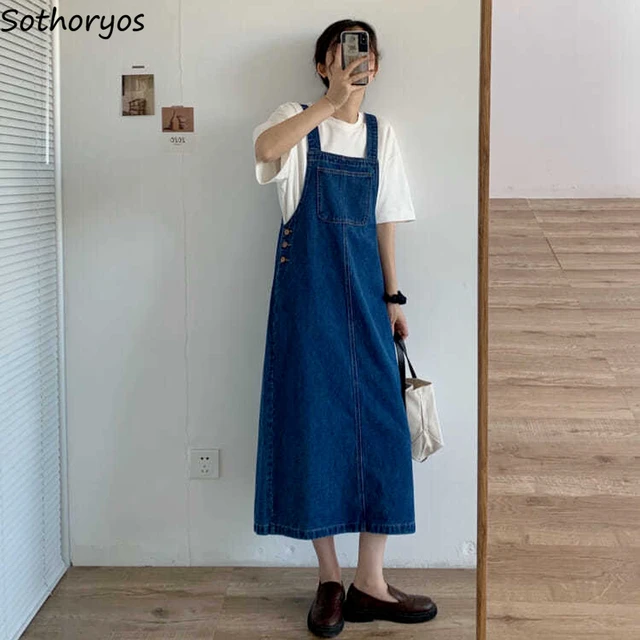 Irregular Slit Denim Strap Dress For Women Vintage Loose Long Sundress  Female Spring Summer All-Match Jean Dresses