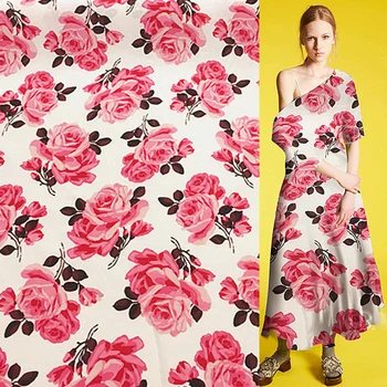 

Lovely pink rose print silk Crepe DE chine silk fabric floral design 17momme 114cm width by yard,SCDC633