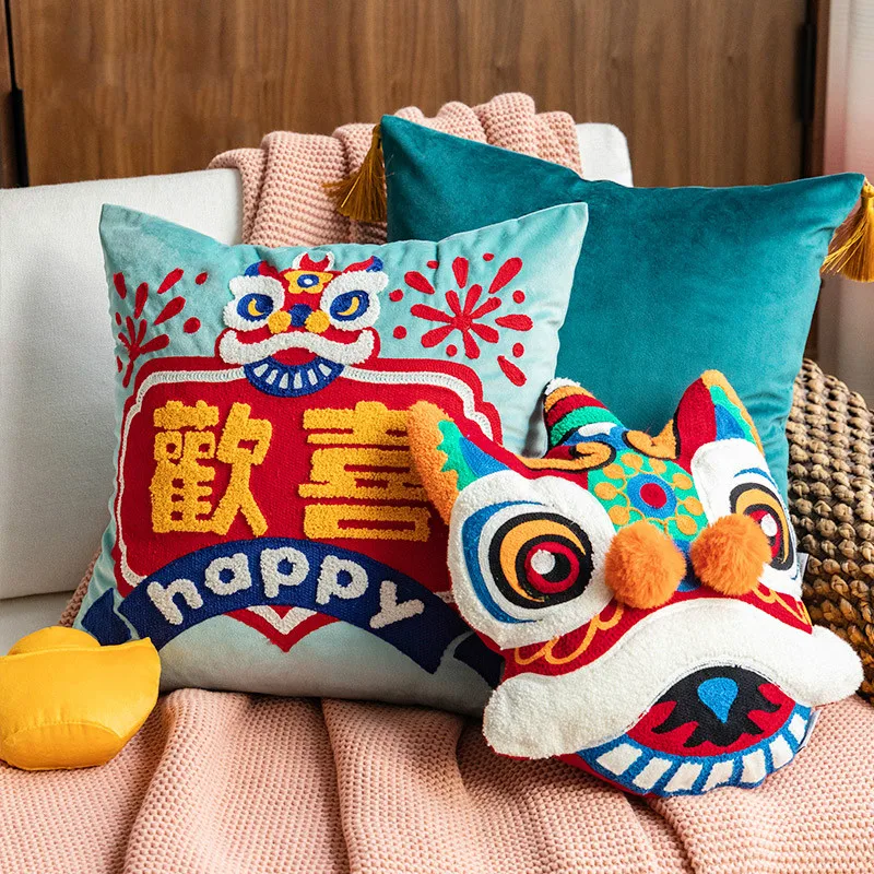 Joy Chinese Traditional Dance Lion Embroidery Cushion Sofa Chair Car Waist Cushion Wedding Bedding New Year Decorative Pillow