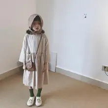 Детские осенние платья для девочек в Корейском стиле; однотонное хлопковое льняное платье с карманами; одежда для детей; свободное платье