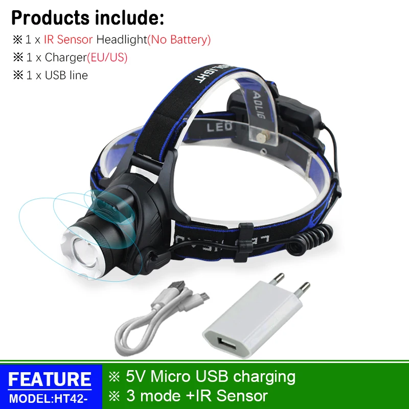 headlamp H Usb Рыбалка перезаряжаемые ИК Сенсор фары led головной светильник 18650 xml t6 l2 фара головки вспышки света светильник Головной фонарь для охоты, светильник - Испускаемый цвет: headlamp H