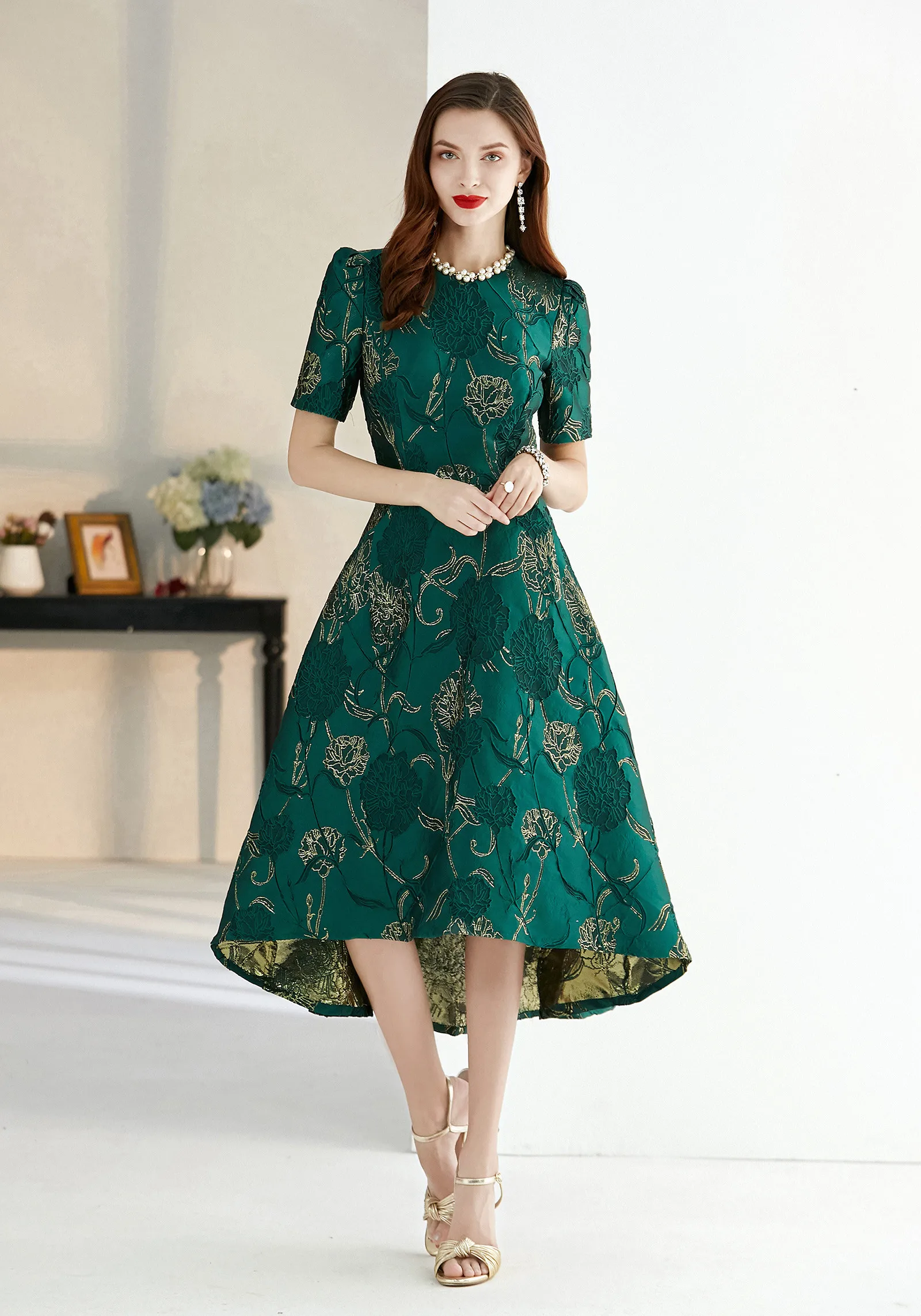 Quality Women short Sleeve Maxi summer Dress Elegant Boho Floral Jacquard Dress Fashion Party Long Autumn Dress