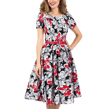 

2020 Short Sleeve Printed Large Red Dresses For Woman Long White Sundress Loose Dress Summer
