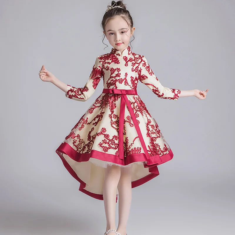 

2019 Autumn Girl Princess's Birthday Party Dance Performance Tail Cheongsam Dress Children's Campus Party Screen Sleeve Dress
