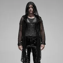 Панк рейв мужское черное Сетчатое с капюшоном длинное пальто трикотажная ткань Регулируемая металлическая пряжка рукав свободный с капюшоном Длинная Куртка