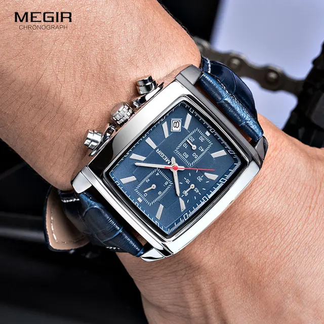 Megir Rectangle Dial Leather Strap Watch for Men Casual Blue chronograph quartz watches Man Wristwatch montre reloj часы мужские 4