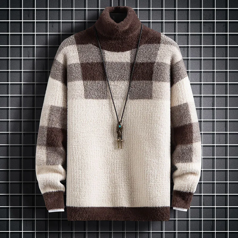 

New Winter Top Quality Cashmere Sweater Men Fashion Plaid Men's Christmas Jumper Turtleneck Thick Warm Mens Pullovers Sweaters