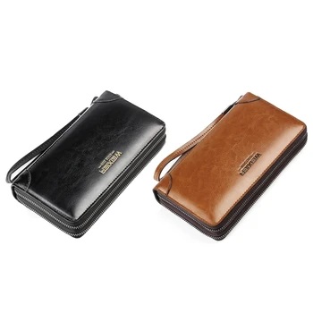 

WEIXIER Brand New Men's Business Double Zipper Wallet Clutch Bag PU Oil Waxed Leather Long Largeclutch Purse Coin Bag