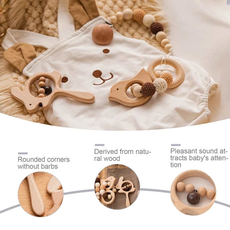 3pcs/Set Baby Wooden Rattle Teething Toy Baby Music Rattles Pacifier Chain Clip Rodent Animal Newborn Educational Toy Nurse Gift