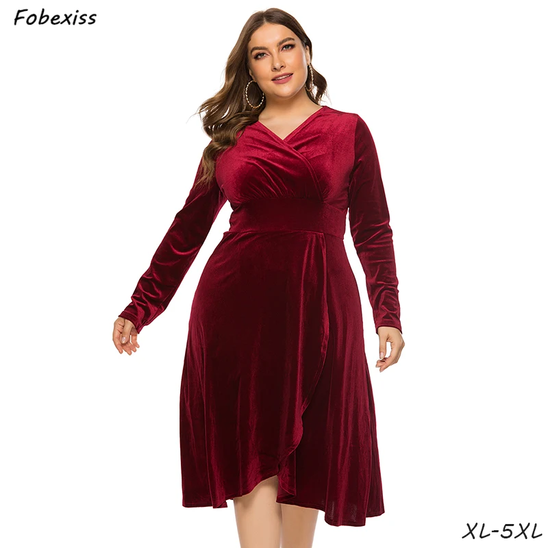 

Wine Red Velvet Dress 5XL Plus Size V Neck Long Sleeve Elegant Party Dress High Waist Autumn Midi Dress 2019 Fashion Women Dress