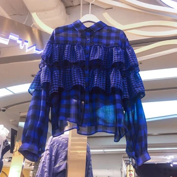 

Shirt Women Plaid Blouse Women's Red Plaid Layers Ruffle Blouses 2020 Spring and Autumn New Sweet Fashion-Style All-Fit Shirt