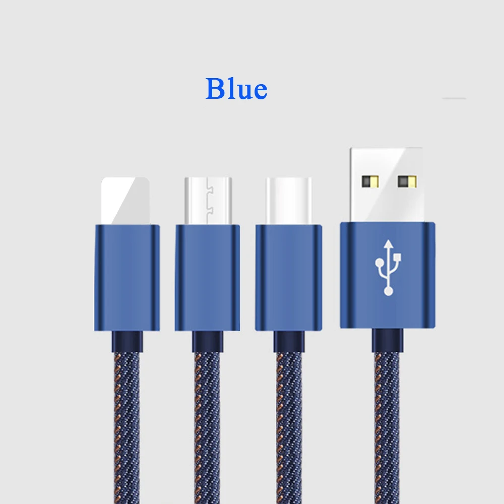 Blue GEMT 1,2 m применимый iOS Android type-c 3 в 1 джинсовый usb кабель для передачи данных один drag три usb кабель для быстрой зарядки мобильного телефона - Цвет: Blue