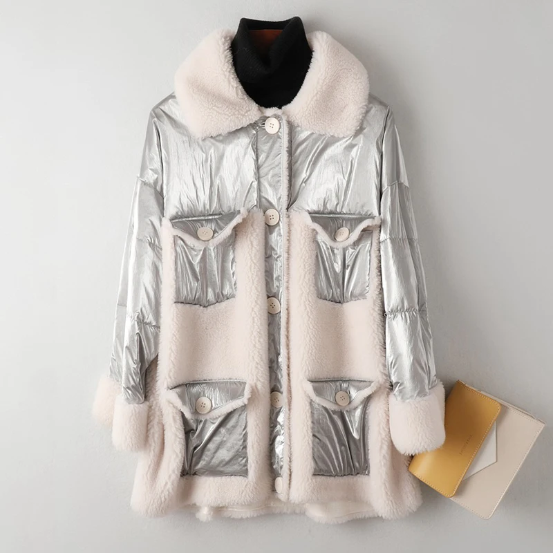 Шерстяное пальто зимнее женское лоскутное пуховое пальто manteau femme hiver harajuku одежда пальто из овечьего меха шерстяная меховая верхняя одежда