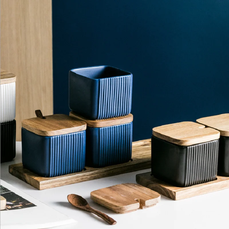 Square Vertical Ceramic Seasoning Jar Matte Color Glaze Salt Sugar Spice Jar
