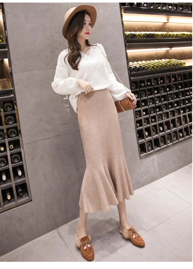 Мода bodycon труба/Русалка вязаные юбки женские офисные сексуальные с высокой талией Зимние юбки женские эластичные тонкие jupe черный белый