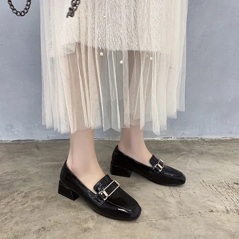 

Patent leather dress shoes for women black square med heels metal decoration women basic shoes oxford shoes for women size 34-43