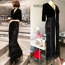 Платье для выпускного вечера в стиле русалки с глубоким v-образным вырезом, блестящие черные вечерние платья-футляры в арабском стиле, вечернее платье с длинными рукавами и кисточками