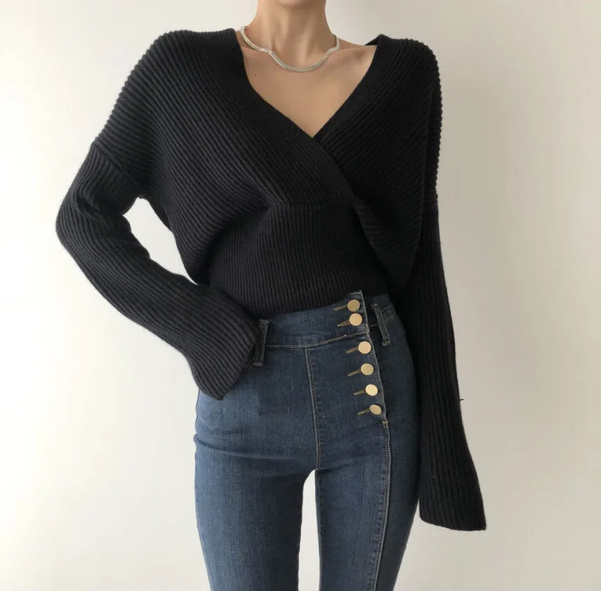 SuperAen Korean Style Women Pullovers Sweaters Autumn and Winter New Ladies Sweaters V Neck Solid Color Casual Tops Female