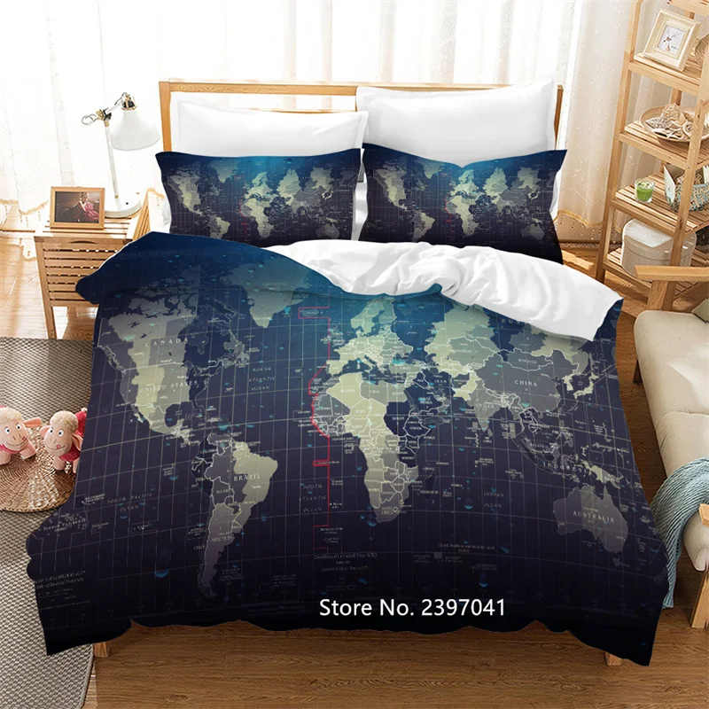 2-3 World Map Printed Bedding Set for Students and Children Quilt Cover Pillowcase Deluxe Double King Queen King-size Bedding