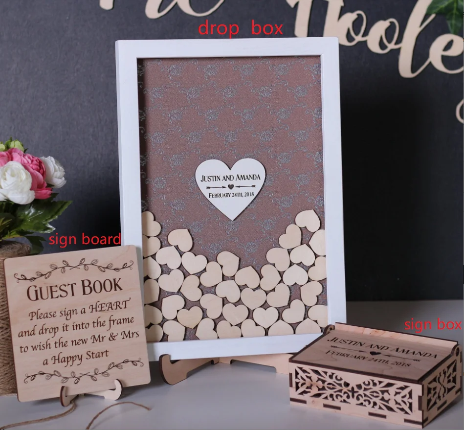 Пользовательские Quinceanera Гостевая книга frame3 персонализированные уникальные свадебные Drop top box деревянные Сердца альтернатива деревенский день рождения вывеска