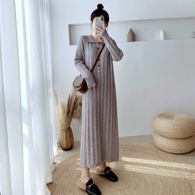 One-Piece 2020 Sweater Knitted Dress Women Long Sleeve Autumn Winter Loose Lapel Single Breasted Dress Korean Lady Sweater Dress