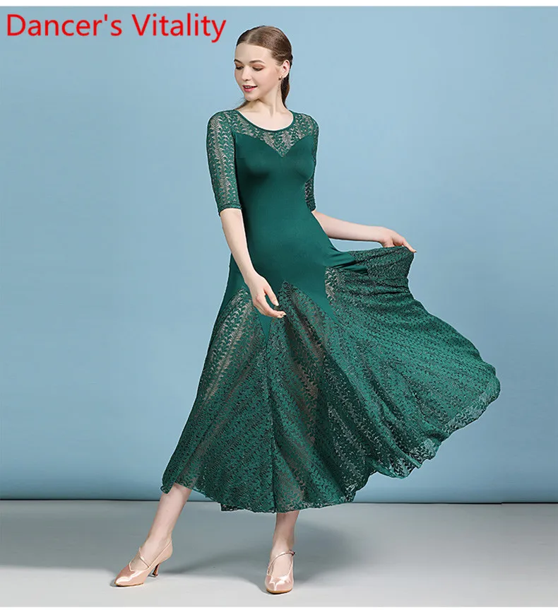 Adult Modern Dance Clothes National Standard Dance Wear Lace Splicing Big Hemlines Dress Ballroom Waltz Jazz Dancing Costume