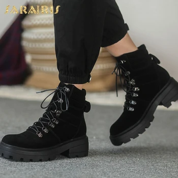 

Sarairis 2020 Fashion Genuine Leather Luxury Boots Woman Shoes Comfortable Platform Chunky Heels Shoelace Ankle Boots Ladies