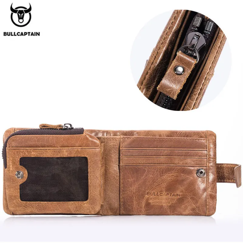 Pаспродажа BULLCAPTAIN, винтажный кожаный бумажник с тремя сложениями, мужской короткий кошелек на застежке, повседневные мужские кошельки на молнии, держа...