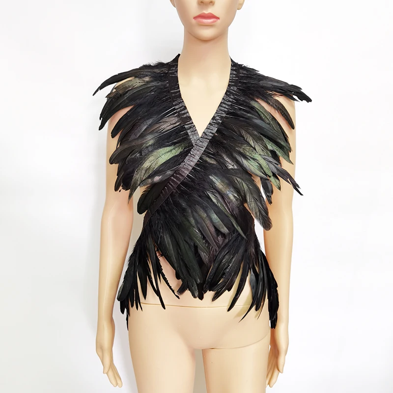 Black Iridescent Rooster Feather Shawl Scarf Shoulder Wraps Shrug Punk Gothic Party Halloween Carnival Rave Show Decor |