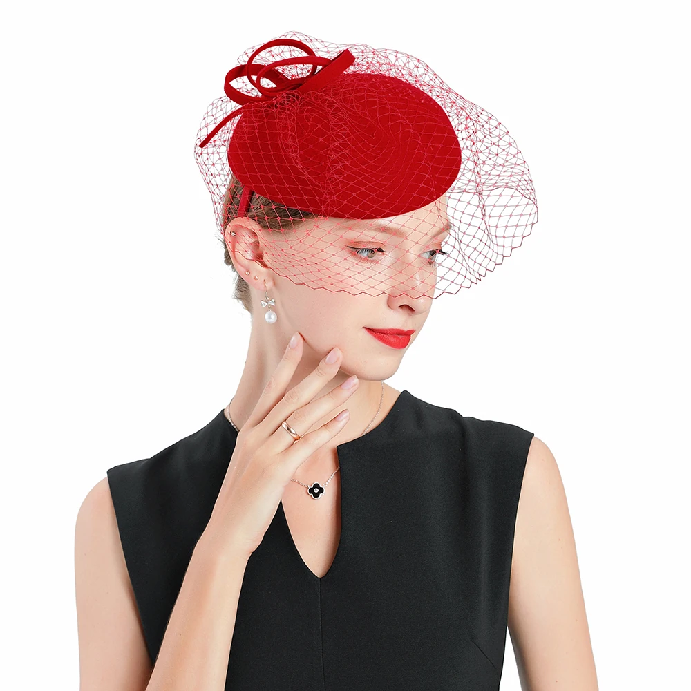 Вуалетки красная Свадебная шляпа-таблетка для женщин бант шерсть с вуалью Fedora cap винтажные женские церковные платья Sinamay котелки