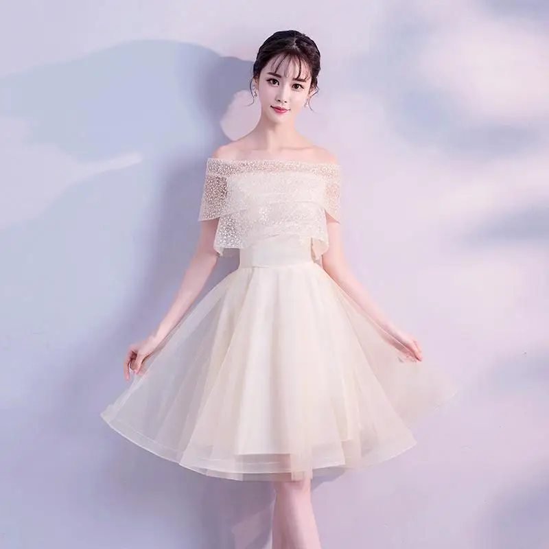 Bride Party Dress Butterfly Sleeve Evening Cheongsam Oriental Womens Wedding Long Qipao Elegant Gown Clothes Vestido XS-XXXL - Цвет: Champagne - Short