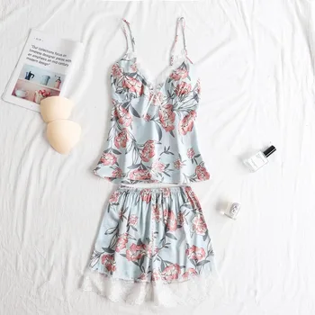 

New Pajamas Sets Sexy Lace Pyjamas For Women V-neck Pijama Femme Summer Sleepwear Satin Nightwear Lingerie Female Underwear