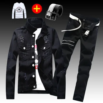 

Spring Autumn Male Jeans Jacket Ripped Holes Coat Denim Coats Straight Trousers Pencil Pants 2pcs Set Pockets Slim Fit For Men E