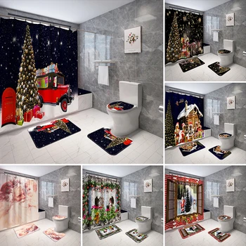 

4PCS Christmas Elk Pull Cart Shower Curtain Sets Non-Slip Rugs Toilet Lid Cover and Bath Mat Waterproof Bathroom Accessories