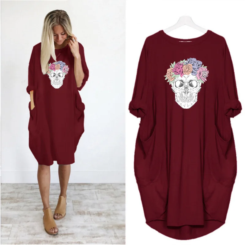 Plus Size 5XL Women's Dress Skull Print Long Sleeve O Collar Pocket Loose Casual Female Dresses Vintage Vestidos Robes Femme 15