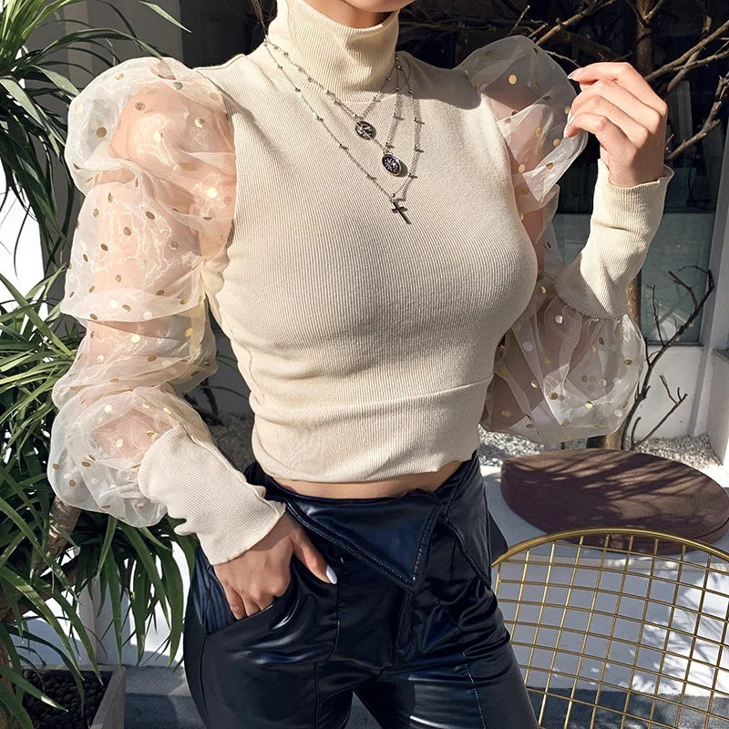 Apricot WannaThis абрикосовый Высокий воротник сетки с пышными рукавами блузка в горошек для женщин Лоскутная укороченная элегантная мода осень эластичный тонкий женский топ - Цвет: Apricot