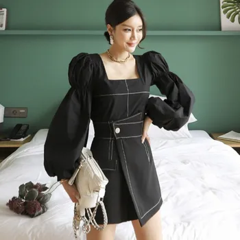 

2020 New fashion Women Print Two Piece Set elegant Chic Square collar Lantern sleeve Blouse and High Waist Skirt Female Suit