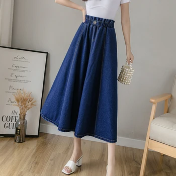 

Autumn Streetwear A-Line Long Denim Women's Skirt Summer 2020 Fashion Pockets Stretch Waist Jeans Skirt Deep Blue Faldas Mujer