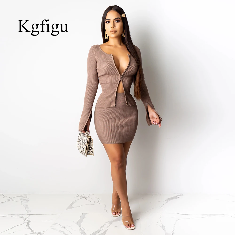 KGFIGU Kylie jenner ribbed tops and skirts sets Summer two pieces sets sexy zipper full sleeve brown matching sets outfits