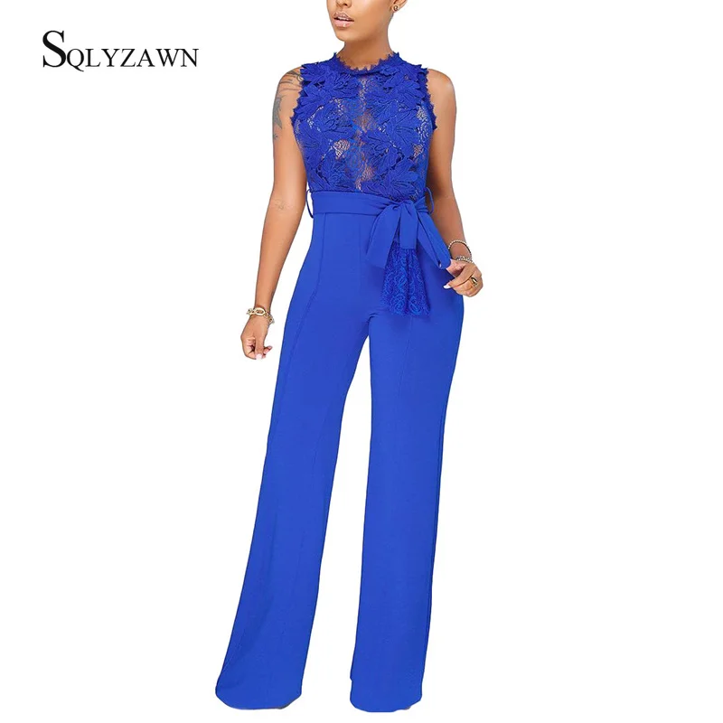 Mono Sexy de encaje transparente para mujer, peto con pantalones Palazzo,  Vintage, Azul, Negro, Rojo, pierna ancha, con cinturón de vendaje, monos  elegantes 2XL| | - AliExpress