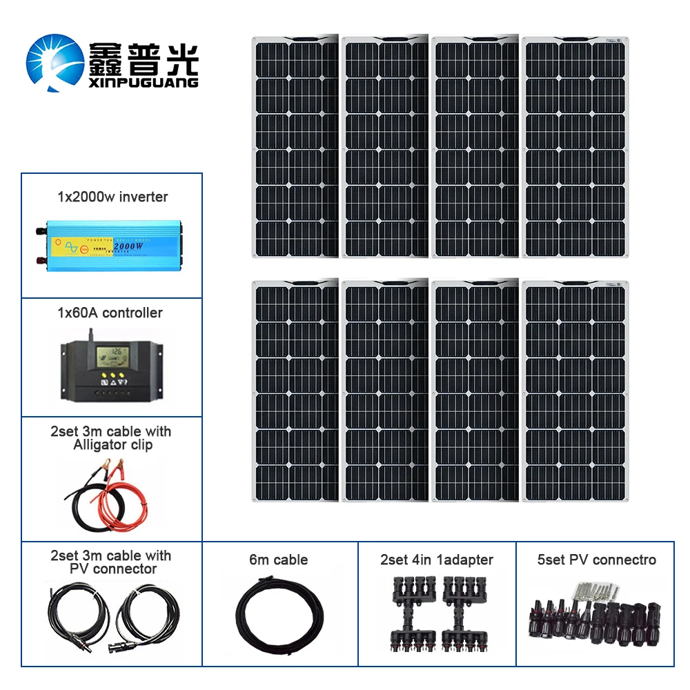 

BOGUANG 800w 12v solar panel system including 8 pcs 18V 100w flexible solar panel controller 2000w flexible solar panel, inverter connector, cable